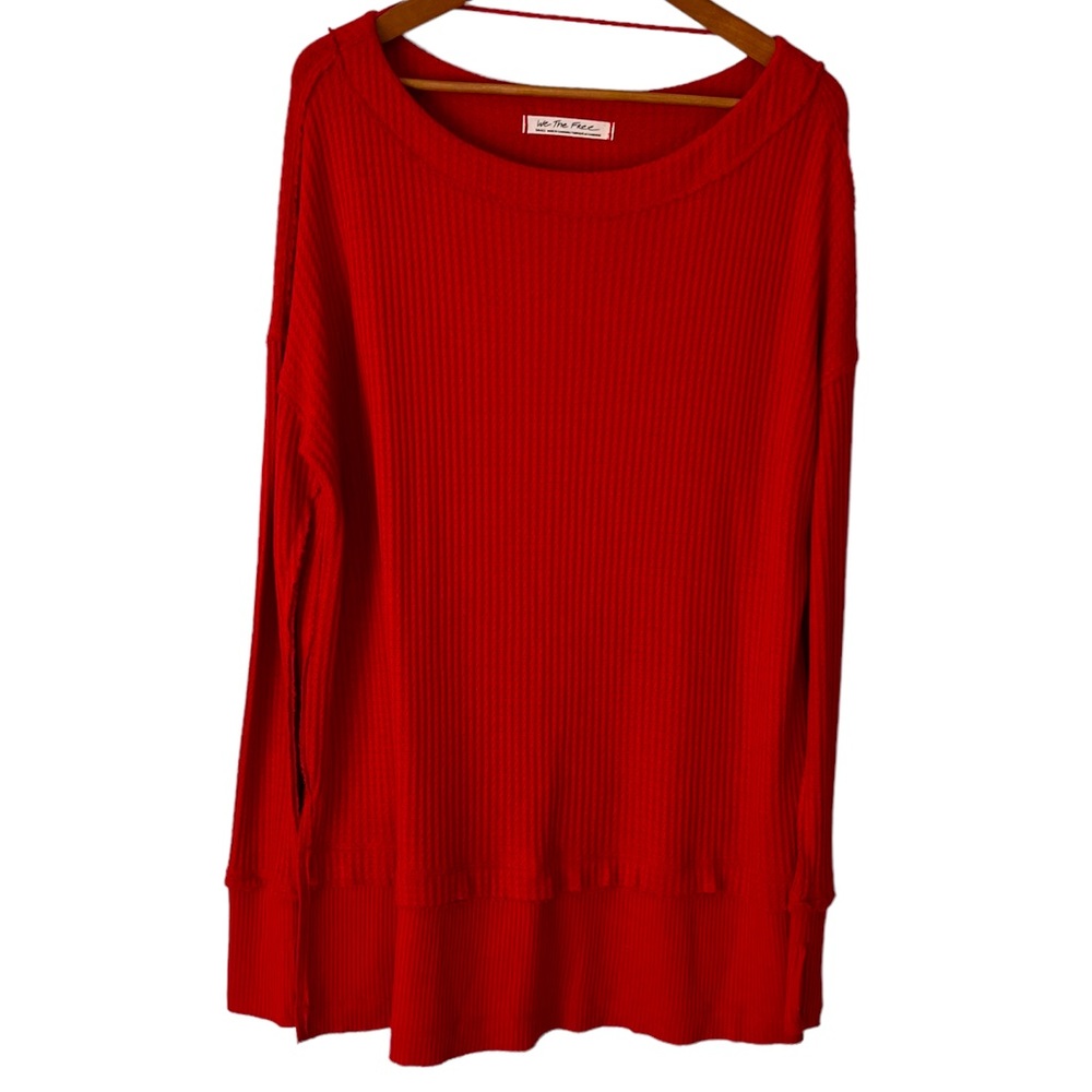 Free People Phoenix Thermal Knit Tunic Top Thumb hole Red Size Small - Picture 2 of 12